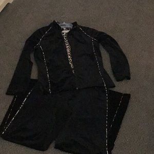 Black velour track suit with cheetah print trim & top